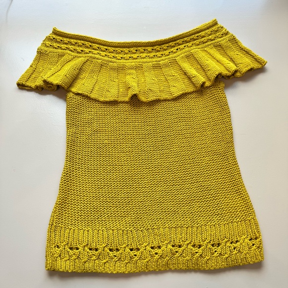 Anthropologie Off The Shoulder Ruffled Knit Cotton Sweater Mustard Crochet M - Picture 12 of 14